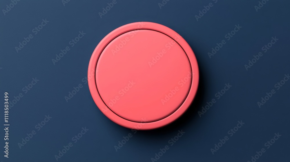 Poster a simple circular red button against a dark blue background, highlighting minimalistic design and mo