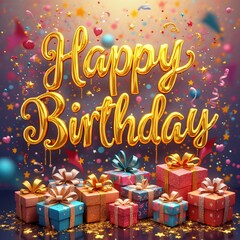 Whimsical Birthday Celebration, Golden Typography & Colorful Gifts