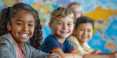 Fototapeta premium Happy Diverse Children Smiling in Classroom