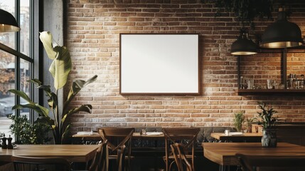 Blank square frame on brick wall in cafe interior.