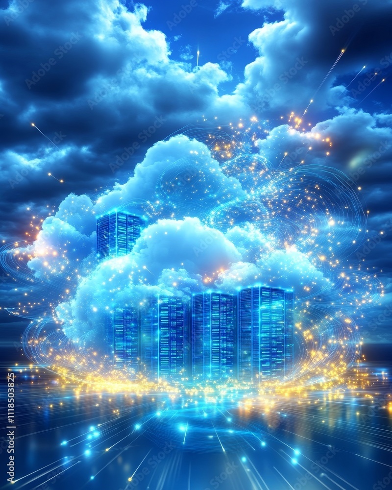 Poster visual representation of cloud computing concept with digital data storage and connectivity elements