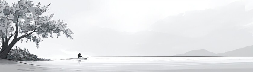 A serene scene of a lone figure paddling on calm waters, surrounded by nature.