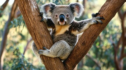 Naklejka premium A koala perched on a tree branch, showcasing its cute expression in a natural setting.