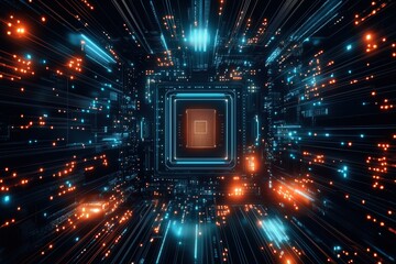 Concept CPU microchip for ai and data network. Close-up view of modern chip gpu card with neon lights