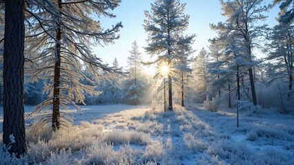 Fototapeta premium Serene Winter Wonderland, Frosted Pine Trees at Sunrise, Snow Covered Forest Landscape