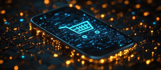 Mobile phone screen displays a shopping cart icon, glowing on a circuit board.