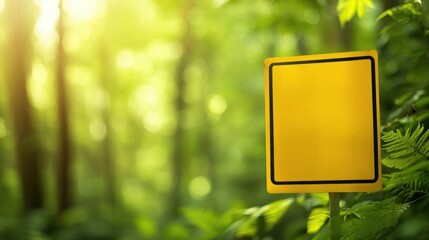 Blank Yellow Sign Surrounded by Lush Green Forest Background