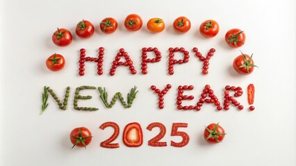 Festive Tomato Arrangement for New Year Celebration - A vibrant display of tomatoes creatively forming the message Happy New Year 2025, symbolizing freshness, celebration, and the joy of new beginning