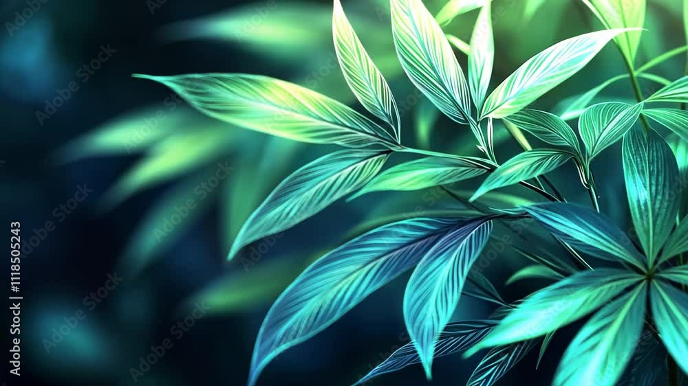Poster lush green leaves with intricate patterns illuminated by soft light in a serene environment