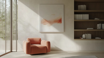Modern living room with coral armchair and minimalist shelving, abstract art on the walls. Minimalist, japandi style interior design.
