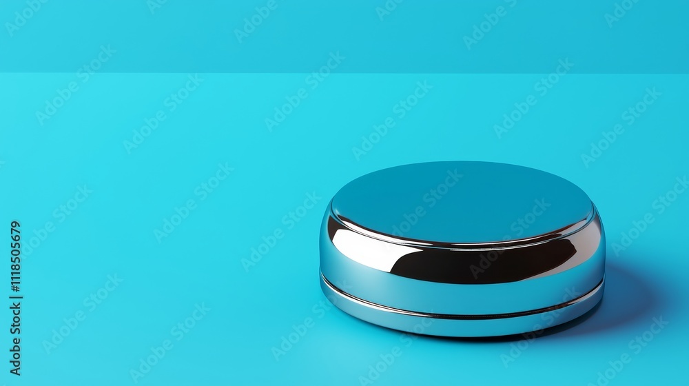 Poster a shiny, round metallic object sits on a vibrant blue surface, reflecting light and creating a moder