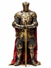 Fototapeta premium Ornate knight, sword, red cloak, regal armor.