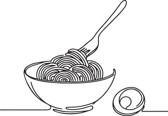 Minimalist Line Drawing of Fork with Plate of Noodles on White Background