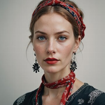 Ein Portrait einer jungen br&uuml;netten Frau mit einem roten Badana in ihren Haaren