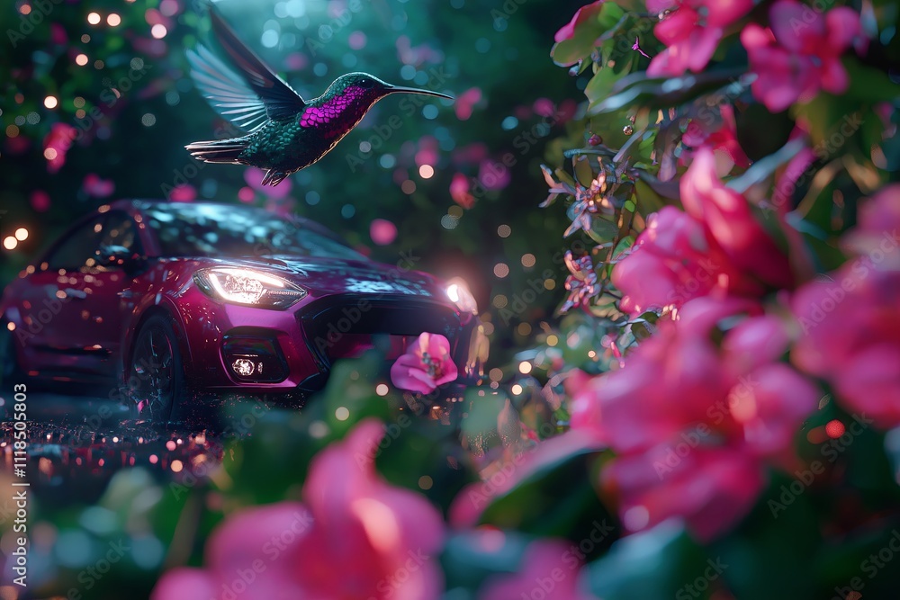 Poster a hummingbird hovering in mid-air as it sips nectar from a flower.