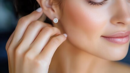 A detailed close-up shows a woman’s face adorned with delicate diamond earrings. The calm expression highlights elegance and understated luxury aesthetic.