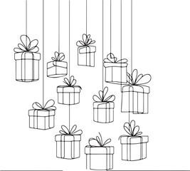 Line Art of Hanging Gift Boxes on White Background