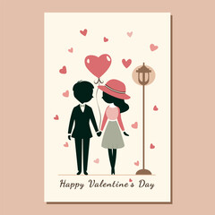romantic cute couple on the beige background with hearts anf flashlight. vector card with black silhouettes of couple