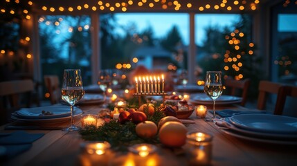 Festive Hanukkah dinner table setting with menorah, candles, fruit, and wine glasses.