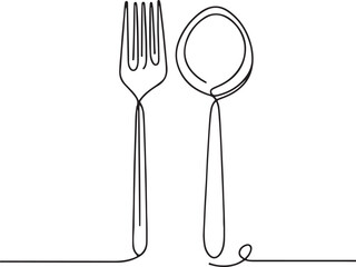 Minimalist Line Drawing of Fork and Spoon on White Background Simple Elegant Art