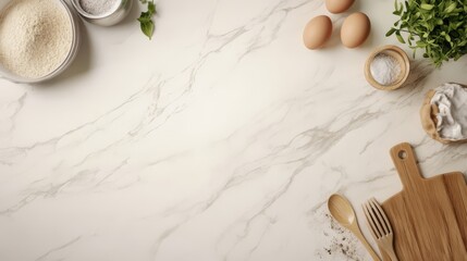 Flat lay of baking ingredients on marble.