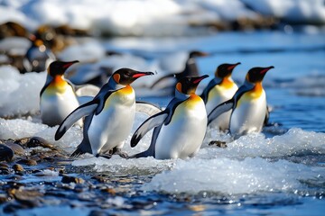 Fototapeta premium A group of penguins waddling on an icy landscape near the ocean