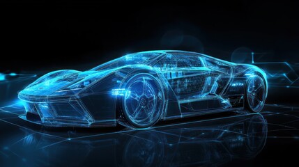 A futuristic, holographic representation of a sleek sports car in a digital environment.