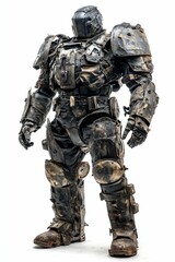 Obraz premium Worn metal suit, imposing figure, post-apocalyptic aesthetic.