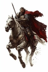 Medieval knight, sword drawn, rides powerful white horse.