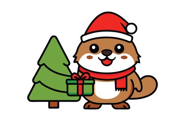 Obraz premium A cute cartoon groundhog in Christmas theme vector illustration