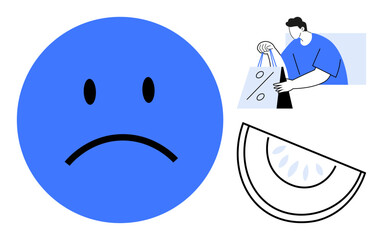 Blue sad face expressing sadness, person carrying shopping bags, and watermelon slice. Ideal for emotions, stress, consumer behavior, well-being, retail fatigue, mental health and nutrition