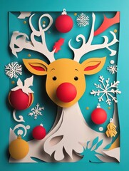 A paper cutout of a reindeer with a red nose and a blue background