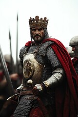 Fototapeta premium Medieval king, armored, sword, red cloak, army.