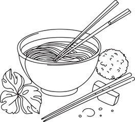 Minimalist Line Drawing of Ramen Bowl with Chopsticks Delicious Asian Cuisine Design on White Background