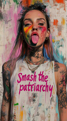 Woman sticking out tongue, colorful paint splatters, rebellious. "Smash the patriarchy" text.