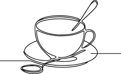 Minimalist Line Drawing of Coffee Cup with Spoon on White Background - Elegant Art