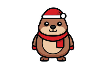Obraz premium A cute cartoon groundhog wearing a Santa hat & scarf vector illustration
