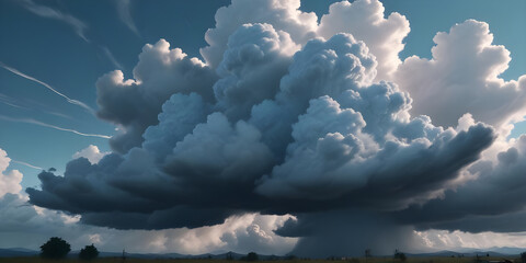 dramatic cloud formation with sunlight and stormy skies. expansive sky filled with dark and light clouds over distant mountains. a powerful display of nature with billowing clouds and a blue horizon.