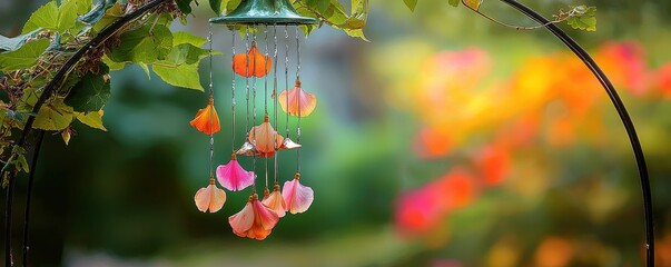 Always loved and remembered. A beautiful floral wind chime enhancing a vibrant garden setting.