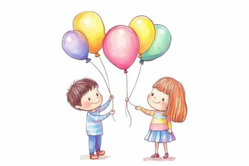 Joyful children sharing colorful balloons.