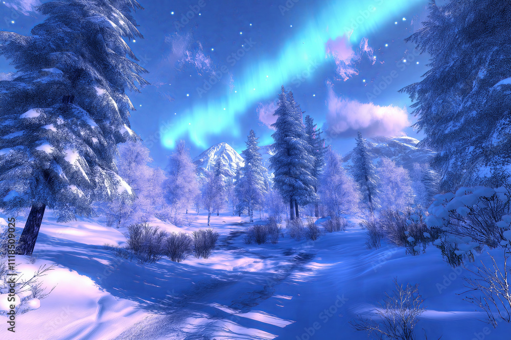 Poster a frozen tundra landscape with snow-covered trees and the aurora borealis lighting up the sky.