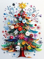 A colorful paper tree with many decorations on it