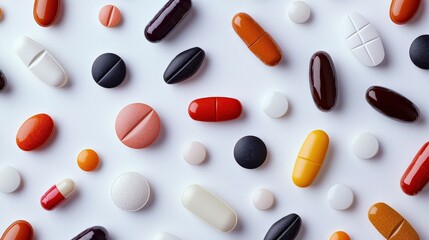 A variety of multicolored pharmaceutical pills scattered across a white surface, showcasing their unique shapes and textures