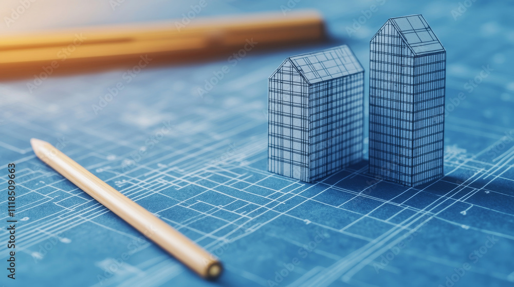 Poster a blueprint features two 3d model buildings and a pencil, symbolizing architectural design and plann