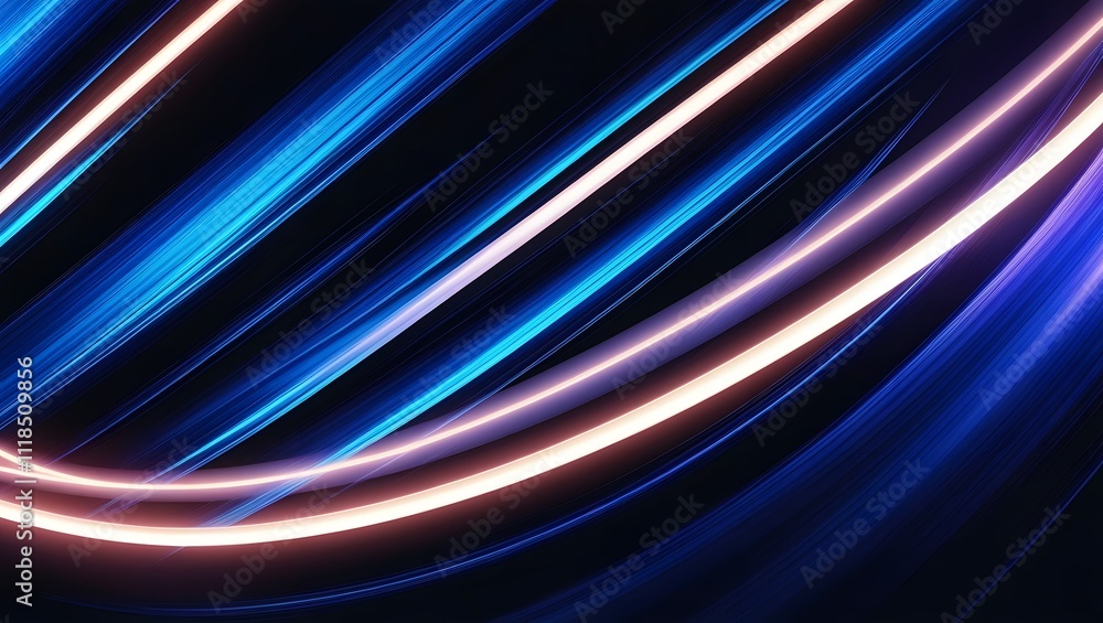 Poster blue light streaks on a black background with glowing horizontal lines in a high speed motion blur e
