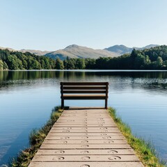 Naklejka premium Always loved and remembered. Serene lake view with a wooden bench at the water's edge.