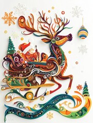 A colorful, whimsical image of a reindeer pulling Santa Claus on a sleigh