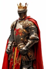 Obraz premium Ornate armor, crown, red cloak; regal knight.