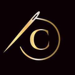 Letter C Tailor Logo, Needle and Thread Logotype for Garment, Embroider, Textile, Fashion, Cloth, Fabric Sign