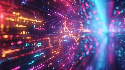 Fototapeta premium A computer screen with colorful, glowing digital displays and data visualizations.